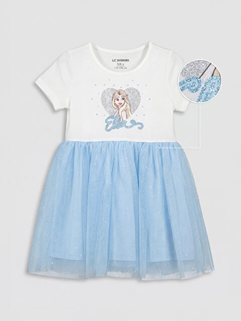 LCW Kids Frozen Baskılı Bisiklet Yaka Kız Çocuk Tül Elbise