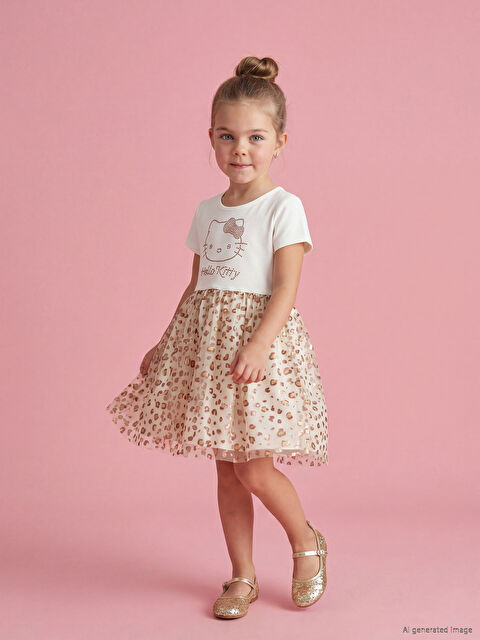 LCW Kids Bisiklet Yaka Hello Kitty Baskılı Kız Çocuk Elbise
