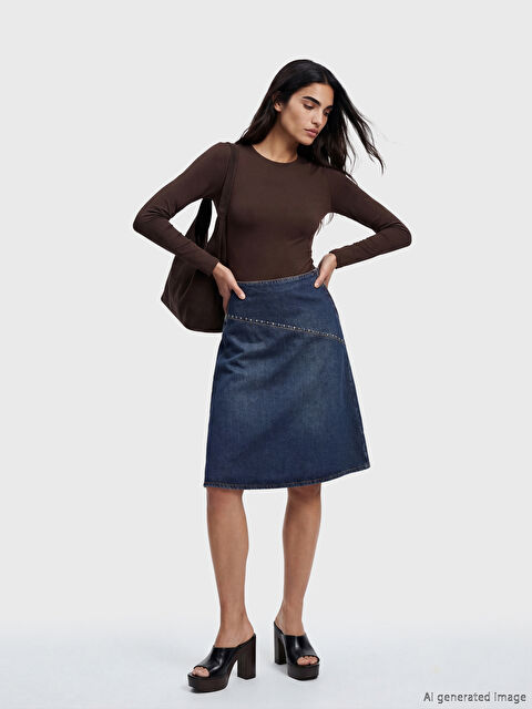 Natuvera Beli Fermuarlı Taşlı A Kesim Jean Etek - S6F316Z8-YZA