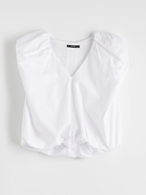 LCW Vision V Yaka Büzgülü Poplin Bluz - S6OM91Z8-Q6K