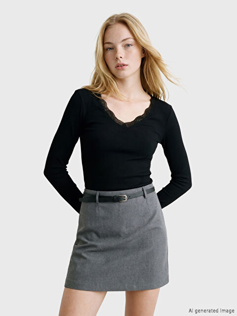 XSIDE V Yaka Dantel Detaylı Bluz	 - S6D353Z8-CVL