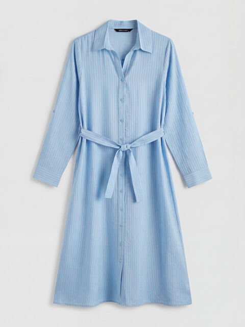 LCW STUDIO Çizgili Kuşaklı Poplin Gömlek Elbise - S6B355Z8-LEN