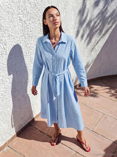 LCW STUDIO Rochie Cămașă din Poplin cu Dungi și Cordon