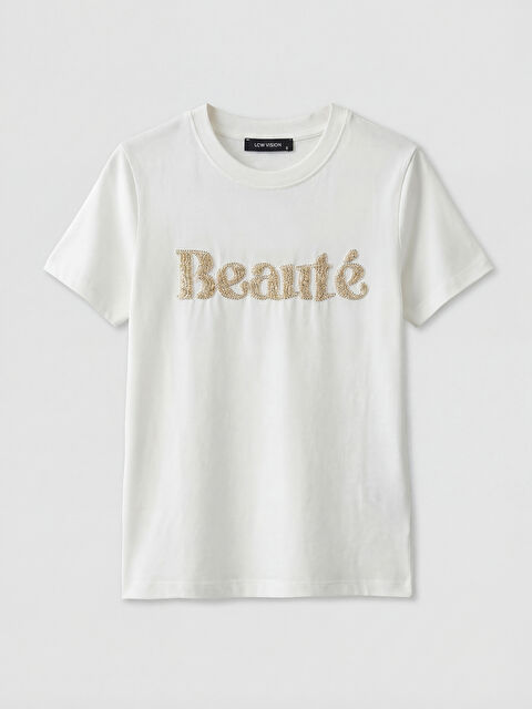 LCW Vision Bisiklet Yaka Nakışlı Kadın Tişört