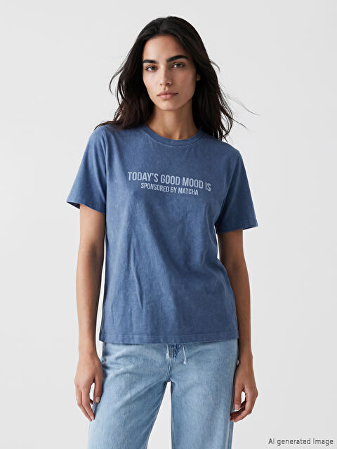 LCW Vision Bisiklet Yaka Baskılı Kadın Tişört