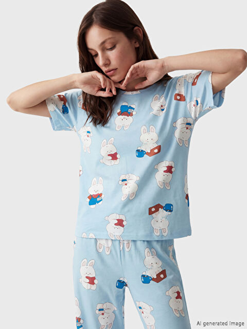 LCW Young Bisiklet Yaka Baskılı Kadın Pijama Takımı