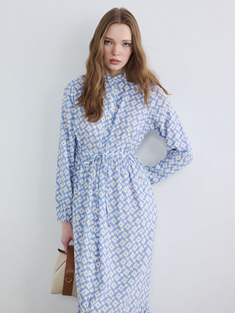 LCW Modest Dik Yaka Beli Büzgülü Baskılı Kadın Elbise