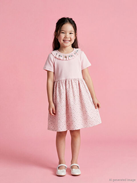 LCW Kids Çiçek Nakışlı Kız Çocuk Fırfırlı  Elbise - S6E404Z1-FXC