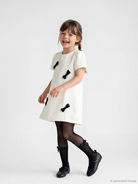 LCW Kids Bisiklet Yaka Fiyonklu Kız Çocuk Tüvit Elbise