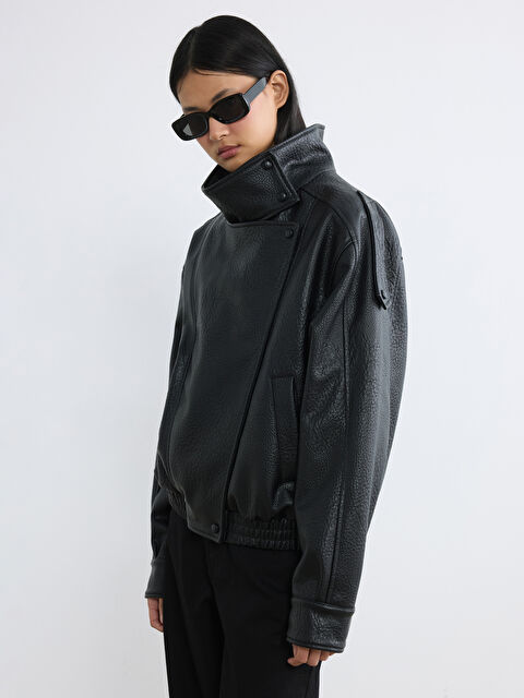 LCW Vision Dik Yaka Oversize Kadın Deri Görünümlü Ceket - S6C434Z8-CVL