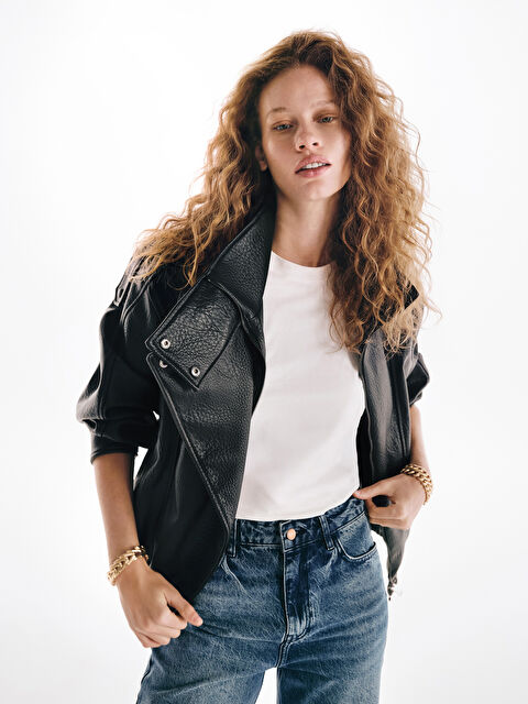 LCW Vision Dik Yaka Oversize Kadın Deri Görünümlü Ceket - S6C434Z8-CVL