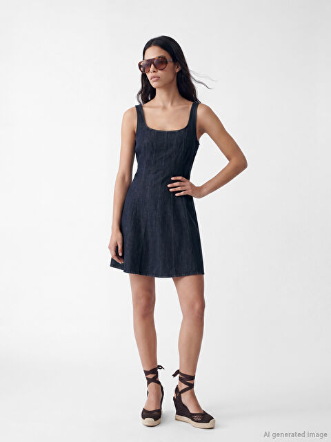 LCW Jeans Kare Yaka Peplum Mini Jean Elbise