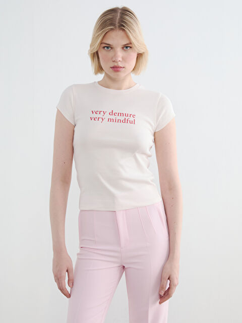 LCW Vision Bisiklet Yaka Baskılı Kadın Tişört