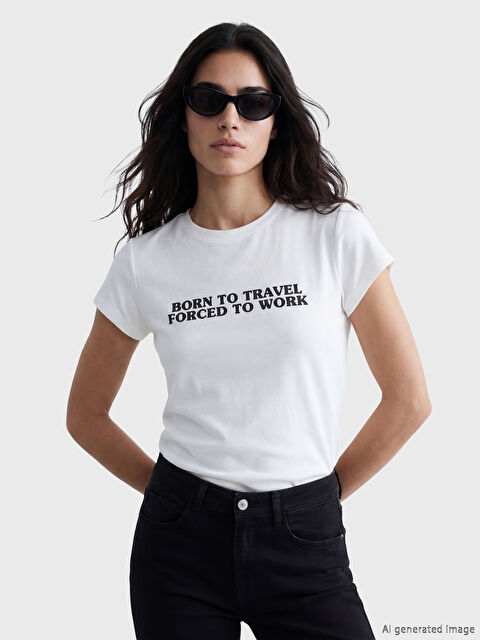 LCW Vision Bisiklet Yaka Baskılı Kadın Tişört - S6B489Z8-R9J