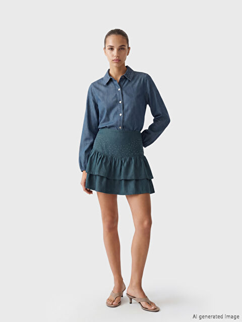 Natuvera Beli Fermuarlı Taşlı Katkat Mini Jean Etek