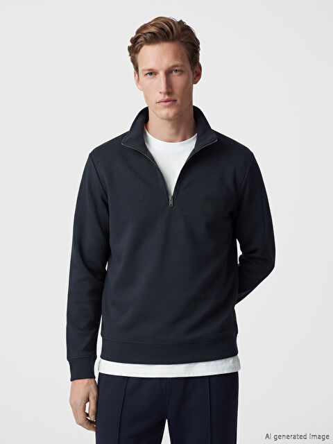 SOUTHBLUE Fermuarlı Dik Yaka Nakışlı Erkek Sweatshirt