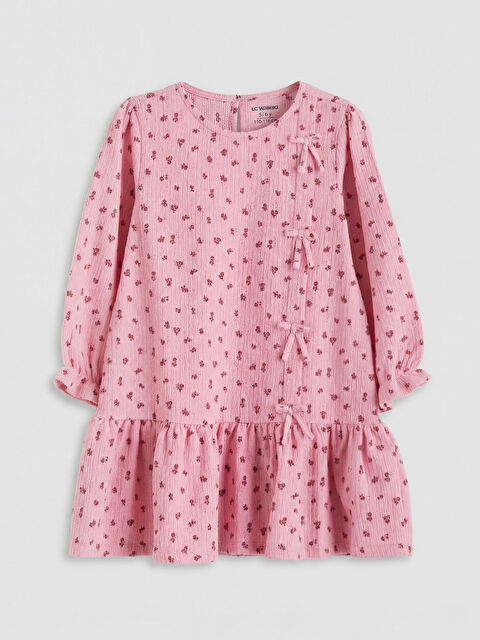 LCW Kids Bisiklet Yaka Çiçekli Fiyonklu Kız Çocuk Elbise - S6E531Z1-LT4