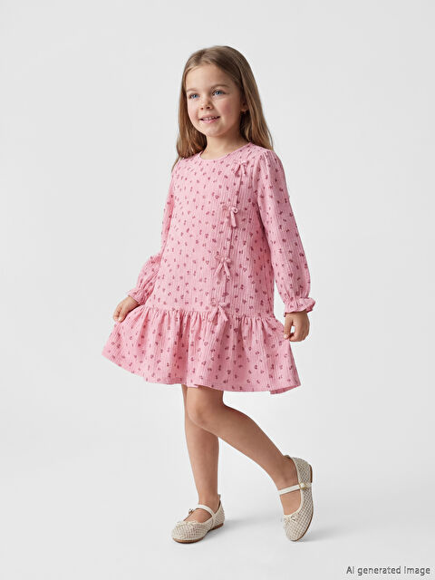 LCW Kids Bisiklet Yaka Çiçekli Fiyonklu Kız Çocuk Elbise