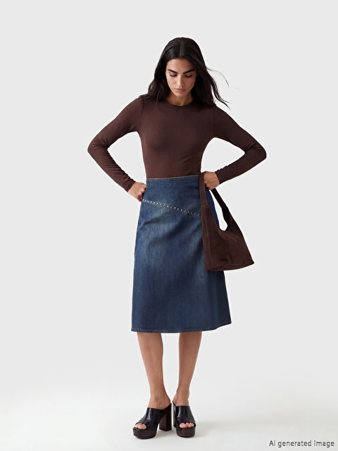 Natuvera Beli Fermuarlı Taşlı A Kesim Jean Etek - S6D532Z8-YZA