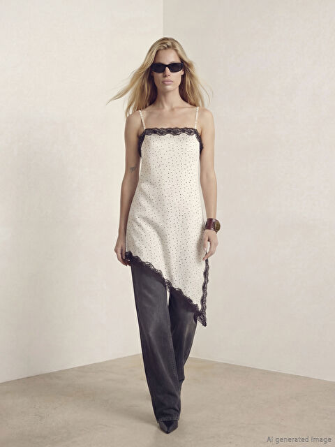 LCW Vision Kare Yaka Dantel Detaylı Puantiyeli Bluz	 - S6ON36Z8-LRA