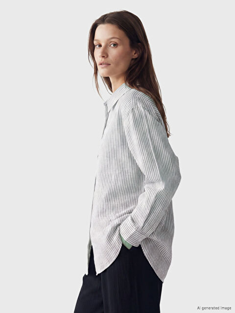 LCW Modest Çizgili Keten Karışımlı Kadın Gömlek