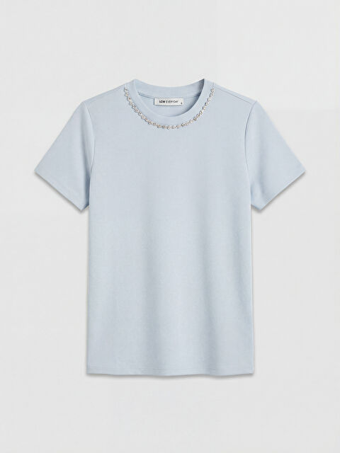 LCWAIKIKI Classic Bisiklet Yaka Taşlı Kadın Tişört - S6E581Z8-G0K