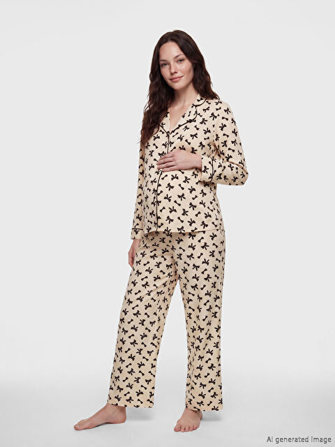 LCW DREAM Gömlek Yaka Fiyonk Baskılı Hamile Pijama Takımı