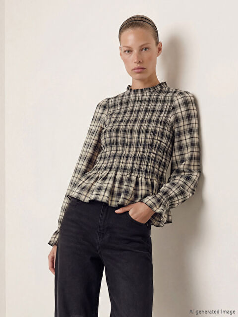 LCW Vision Dik Yaka Ekose Fırfırlı Bluz - S6ON41Z8-LLL