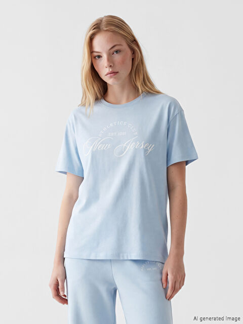 XSIDE Bisiklet Yaka New Jersey Baskılı Kadın Tişört