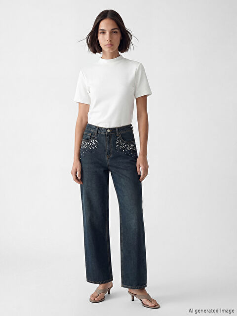 LCW Jeans Taşlı Wideleg Kadın Jean Pantolon	