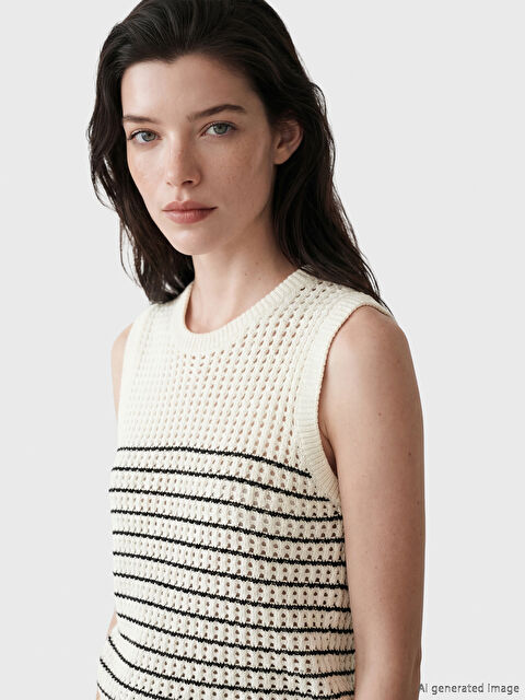 LCW Comfort Bisiklet Yaka Çizgili Kadın Triko Süveter - S6E612Z8-LEG