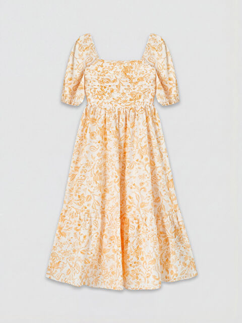 XSIDE Kare Yaka Desenli Poplin Belden Oturtmalı Elbise