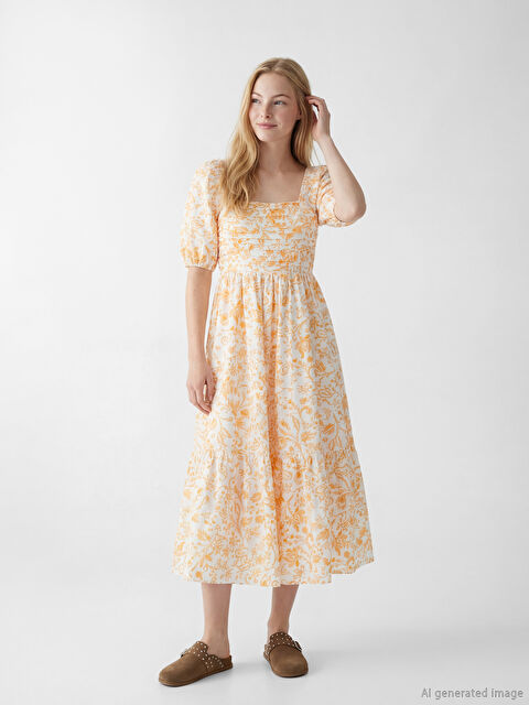 XSIDE Kare Yaka Desenli Poplin Belden Oturtmalı Elbise