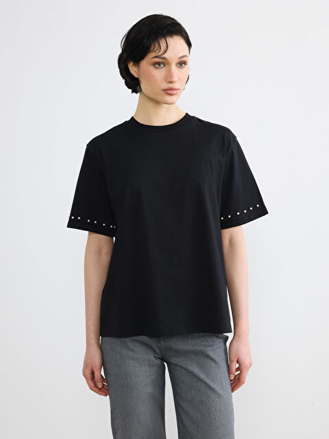 Soulife Bisiklet Yaka Boncuk İşlemeli Kadın Tişört - S6F658Z8-CVL