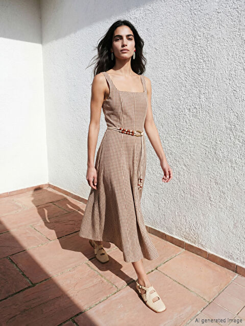 LCW Vision Kare Yaka Ekose Belden Oturtmalı Elbise