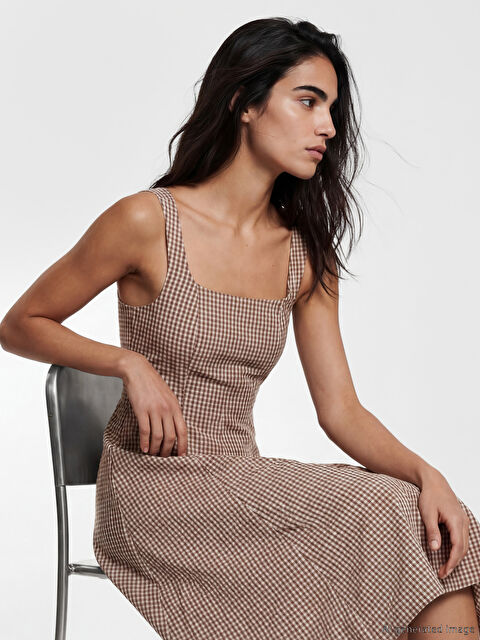 LCW Vision Kare Yaka Ekose Belden Oturtmalı Elbise