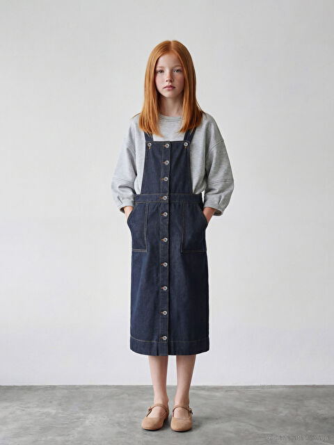 LCW Kids Kare Yaka Kız Çocuk Jean Salopet Elbise