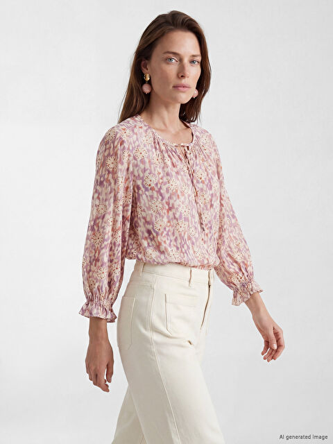 LCW Grace Bağlamalı Yaka Desenli Büzgülü Bluz