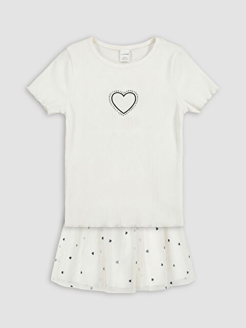 LCW Kids Kalp Baskılı Tüllü Kız Çocuk Takım