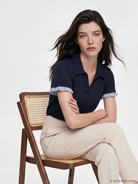 LCW Comfort Polo Yaka Fırfırlı Soft Touch Kadın Tişört