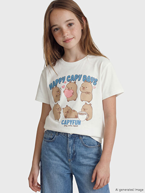 LCW Kids Bisiklet Yaka Capyfun Baskılı Kız Çocuk Tişört