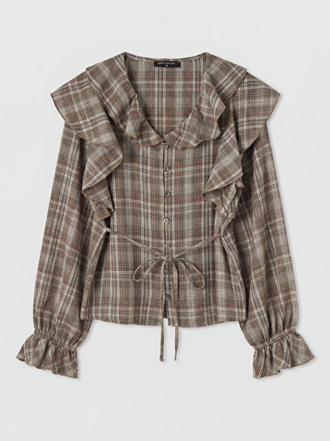 LCW Comfort V Yaka Ekose Fırfırlı Kadın Gömlek