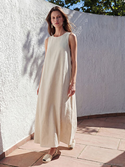 LCW Modest Bisiklet Yaka Keten Karışımlı Elbise