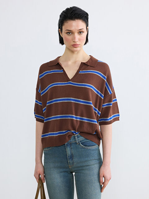 LCW Vision Polo Yaka Çizgili Kadın Triko Kazak - S6D731Z8-LEW