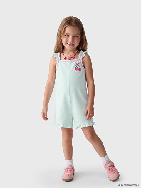 LCW Kids Kare Yaka Nakışlı Kız Çocuk Tulum