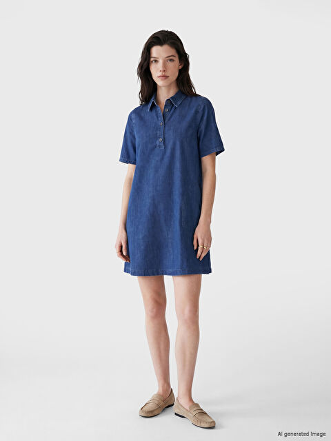 LCW Comfort Gömlek Yaka A Kesim Mini Jean Elbise