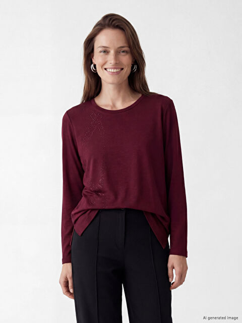 LCW Grace Bisiklet Yaka Taşlı Baskılı Kadın Tişört