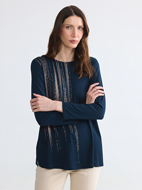 LCW Grace Bisiklet Yaka Desenli Kadın Tişört