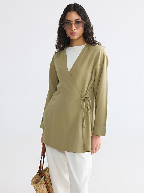 LCW Modest Kruvaze Yaka Keten Karışımlı Kadın Kimono