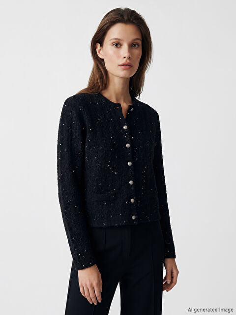 LCW Modest Bisiklet Yaka Payet İşlemeli Kadın Triko Hırka - S6B833Z8-CVL